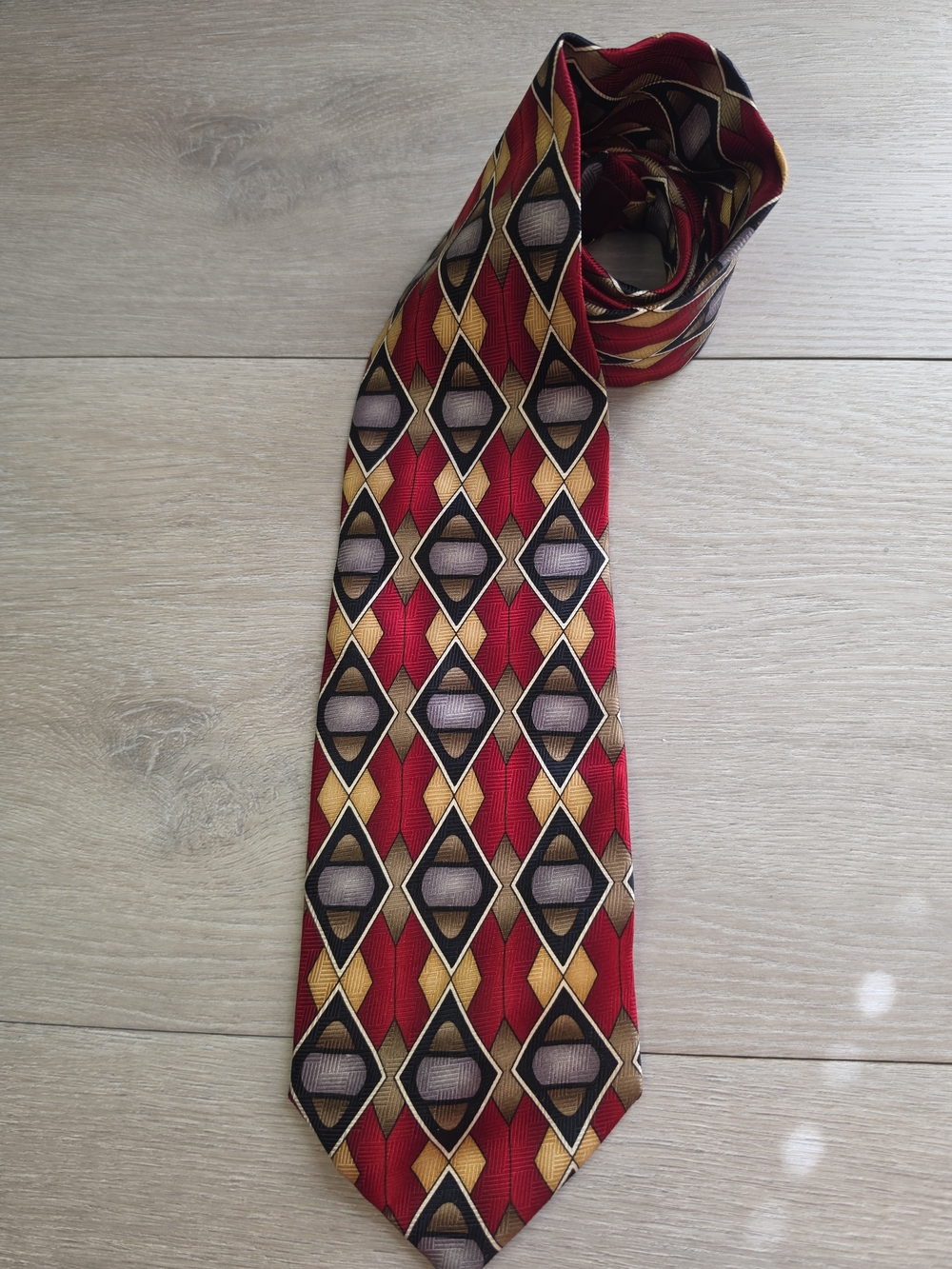 Florence Menswear Pure Silk Tie Necktie Mens Red Gold Geometric Diamond